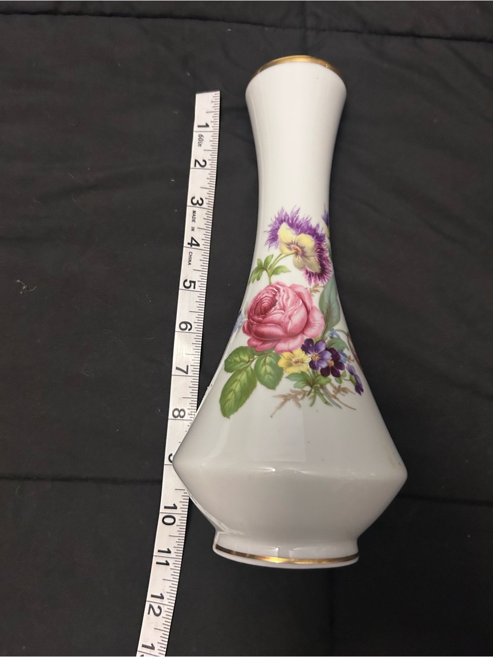 Vintage White Floral Porcelain Bud Vase with Gold Trim